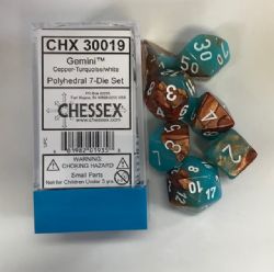 ENSEMBLE 7 DÉS POLYÉDRIQUES GEMINI CUIVRE ET SARCELLE AVEC CHIFFRES BLANCS